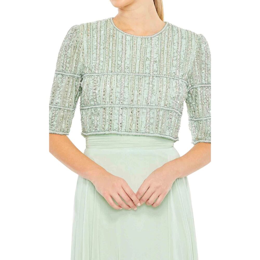 Mac Duggal NWT Sage Green Chiffon Gown Beaded Embellished 3/4 Sleeve Top Size 4 - Picture 2 of 9